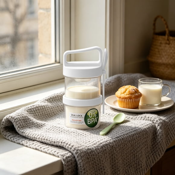 Portable Breakfast Cup 720ml Fruit Cereal Yogurt Salad Container with Spoon for Office Travel White