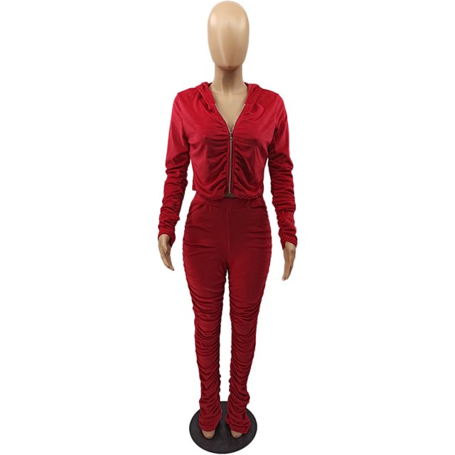 Honganda Slim Pleated Zipper Hooded Top and Pants Two-piece Suit