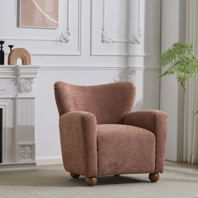 Noble House confortable fauteuil Wingback, tapisserie Boucle avec Design Wingback élégant, corail, teck