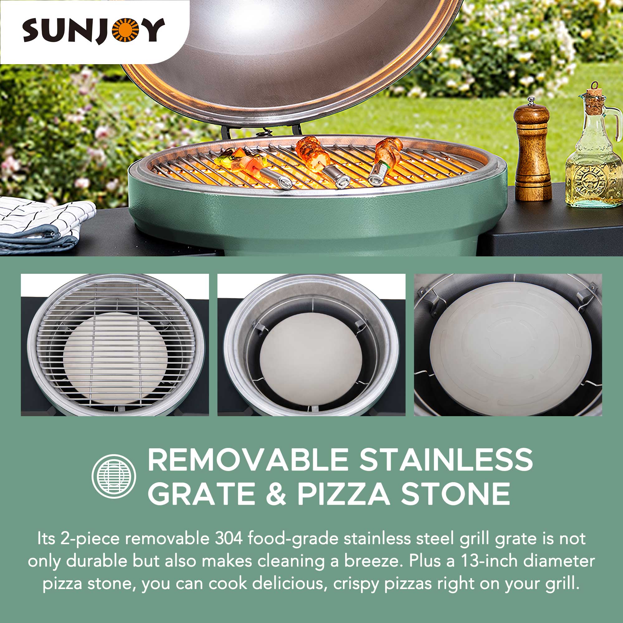 Sunjoy Barbecue au charbon Kamado 20 po – Gril extérieur de style œuf avec pierre à pizza, fonction fumoir, barbecue tout-en-un avec roues