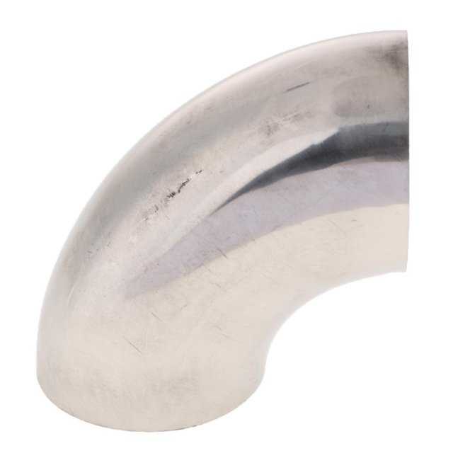 Auto 201 Stainless Steel 2-inch 90-degree exhaust pipe tube, designed for universal car modification. Made of durable 201 stainless steel with a 1mm thickness, featuring a polished metallic finish. The image shows a close-up view of the elbow pipe with a smooth curve and reflective surface.