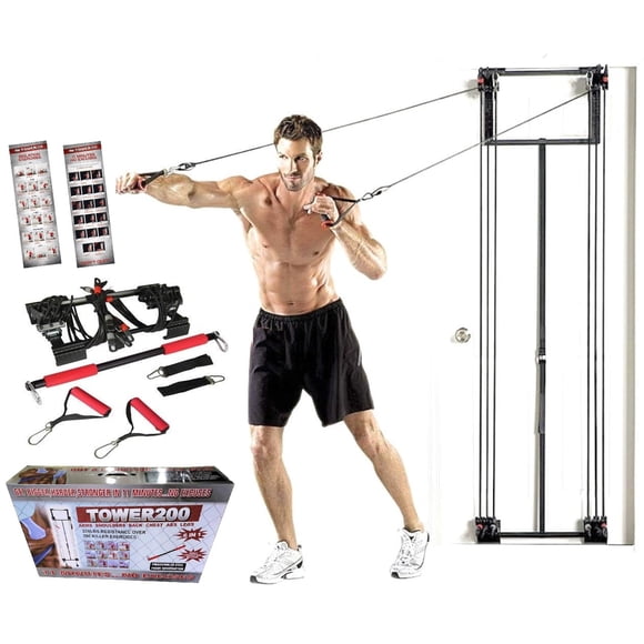 Entraînement Complet à Domicile pour l'Entrée, Entraînement Complet du Corps / Entraîneur de Mise en Forme Multi-Gym pour l'Entrée Tower 200 Exercices pour le Haut du Corps, le Bas du Corps + Barre d'Entraînement, Bandes de Résistance Lourde, 2X Poignées, 2X Sangles de Chevilles
