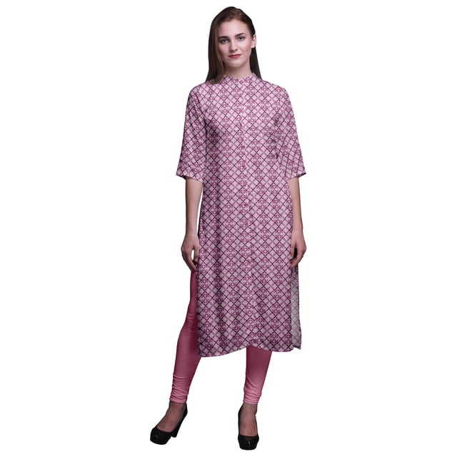 Bimba Printed Straight Kurtis For Women Button Down Mandarin Indian Tunic Medium