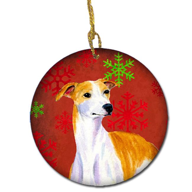 Whippet Flocon de Neige Rouge Fête Noël Ornement en Céramique