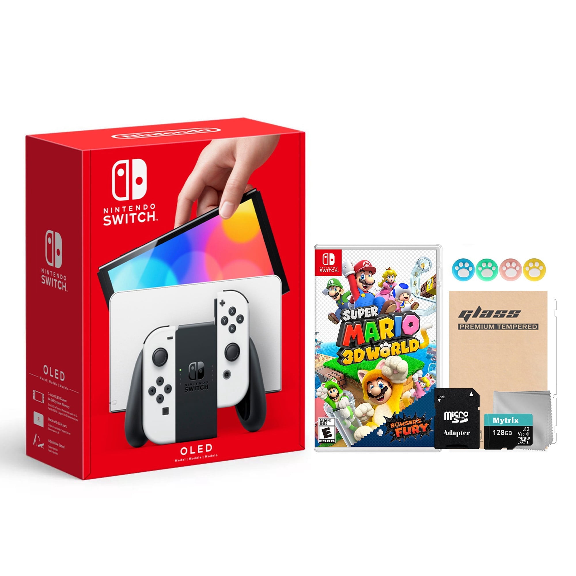2021 New Nintendo Switch OLED Model White Joy Con 64GB Console Improved HD Screen & LAN-Port Dock with Super Mario 3D World + Bowser's Fury And Mytrix Accessories