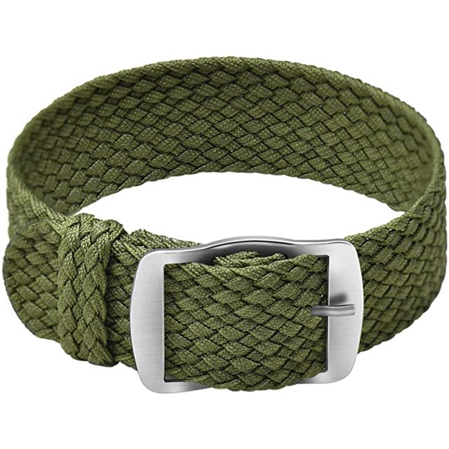 Bracelet en Nylon Perlon Unisexe avec Boucle en Acier Inoxydable Argenté, Vert Armée, 22mm