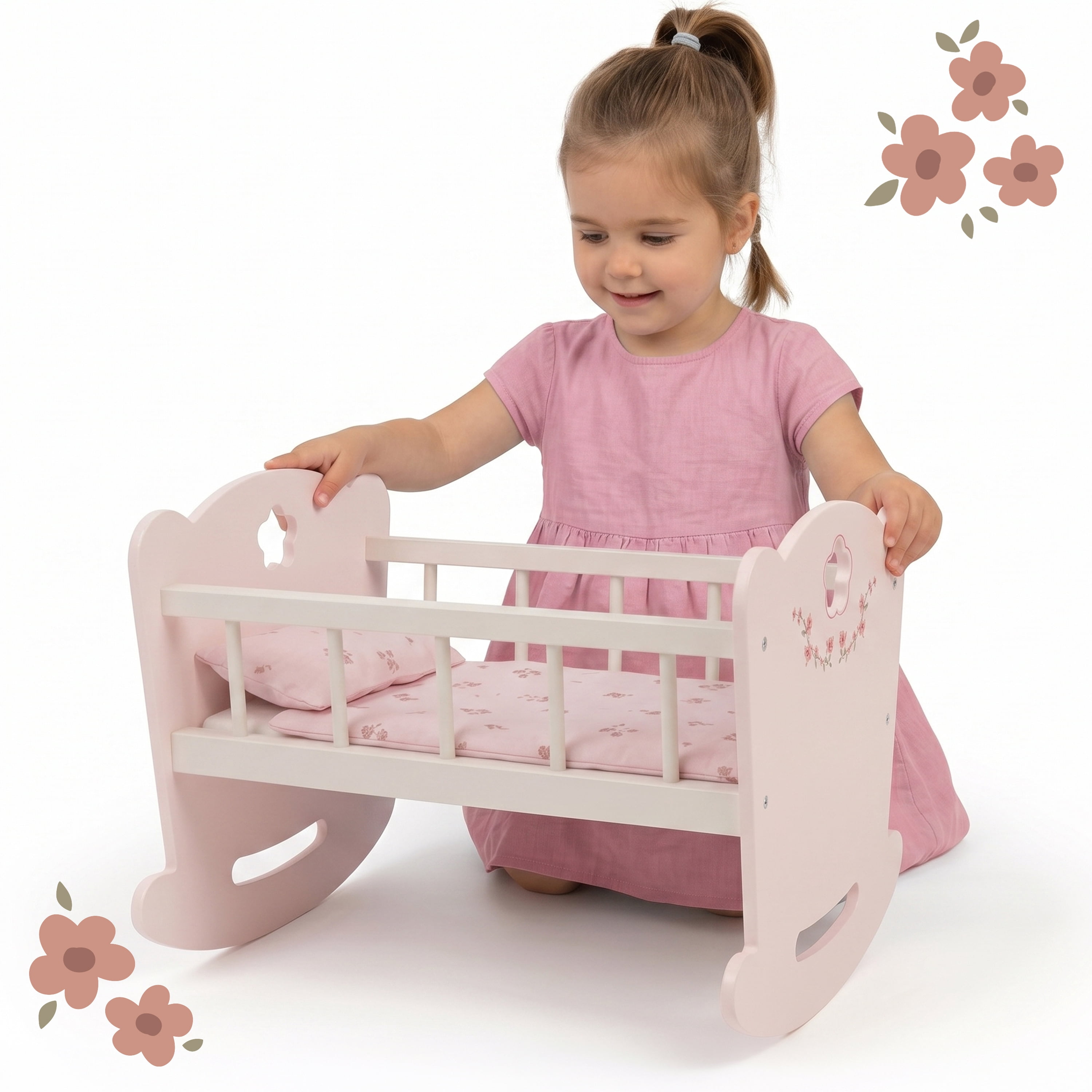 509 Crew - Ballet Flora - Berceau en bois pour poupée - Rose fleuri, accessoire pour poupée, mouvement de bercement doux, matelas et oreiller, jouet d'imitation, enfants de 3 ans et plus