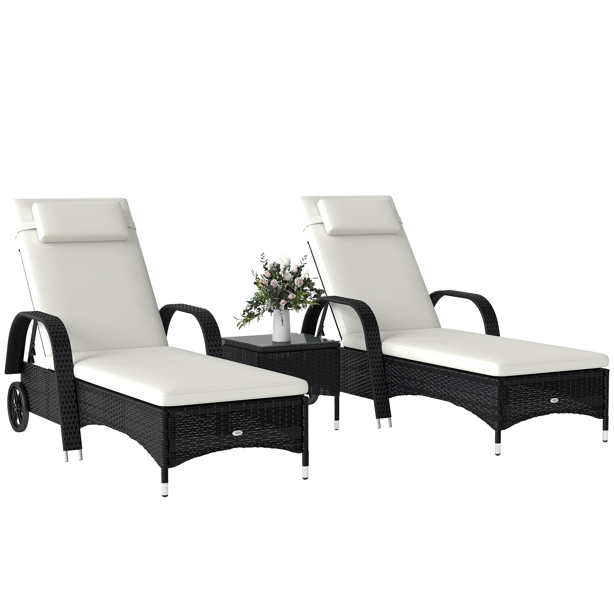 Outsunny Wicker Patio Lounger Set with Padded Cushions, Black/Cream