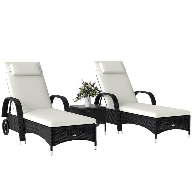 Outsunny Wicker Patio Lounger Set with Padded Cushions, featuring two black PE rattan chaise lounge chairs with cream cushions and headrests, and a matching glass-top side table. The loungers have five adjustable reclining positions and wheels for easy mobility. Suitable for outdoor use on patios or gardens.