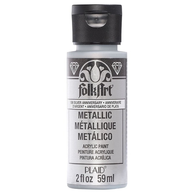Folkart Metallic Acrylic Paint Silver Anniversary 2 fl oz bottle with black flip-top cap, labeled for acrylic paint with a metallic finish, ideal for arts and crafts on wood, canvas, and paper, offering smooth application and quick drying.