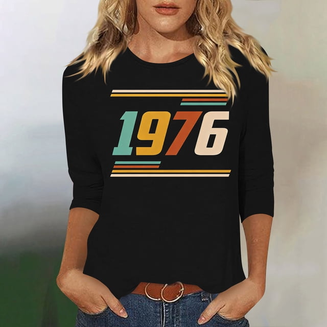 Uootdi Hauts pour Femmes Manches 3/4 Col Ras du Cou Imprimé Palmier Coucher de Soleil 1976 Coupe Décontractée T-Shirts Rétro Plage Vacances Cadeau