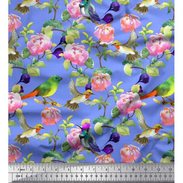 Soimoi polyester Crepe Fabric Leaves,Floral & Hummingbird Bird Print Fabric by Yard 52 Inch Wide