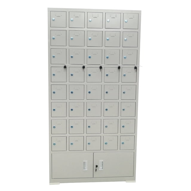 INTBUYING Office Steel 40 Door Compartment Key Lock Office Gym Storage School Locker. A steel mobile phone storage cabinet with 40 secure compartments featuring individual key locks, ideal for garage storage, supermarkets, shopping malls, bathrooms, staff rooms, and leisure spaces. Includes a leakage protection switch for safety.