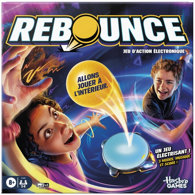 Rebounce Indoor and Outdoor Electronic Action Game French Version box showing two players reaching for a yellow foam ball bouncing off a tabletop trampoline game unit, with dynamic light trails and French text promoting three electronic game modes, music, and scoring, for 2 to 6 players ages 8 and up.