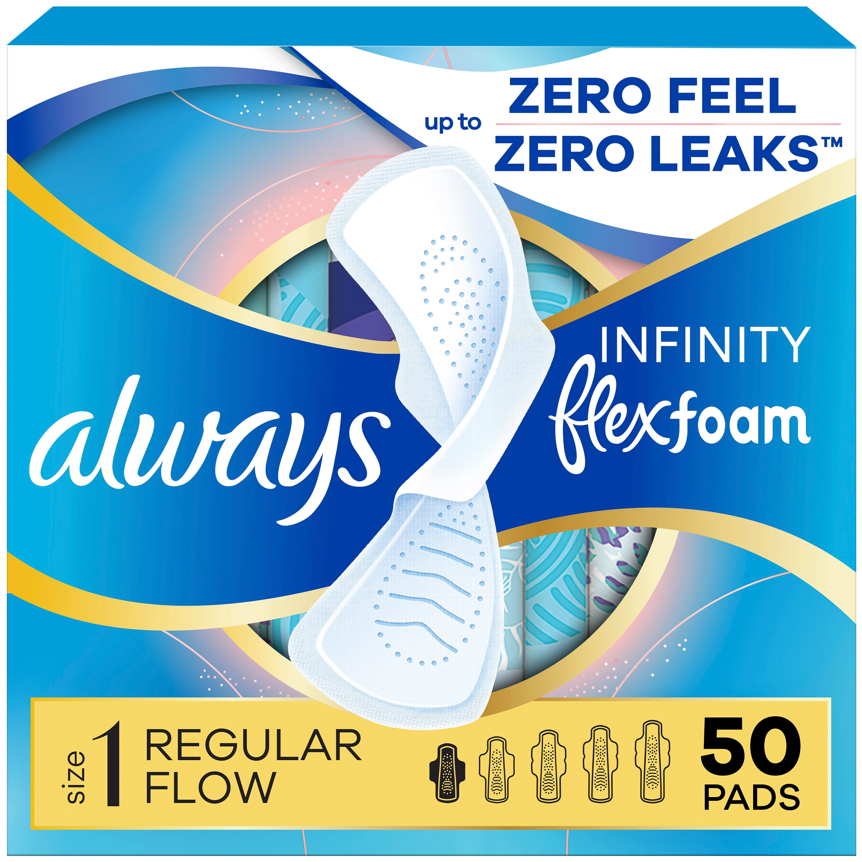 Serviettes Always Infini FlexFoam, régulières avec ailes, pour femmes, taille 1, sans parfum, 50 serviettes