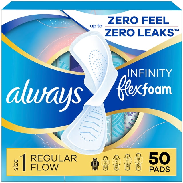 Always Infinity FlexFoam Pads for Women, Size 1, Regular Pad with Wings, Unscented, 50 Count