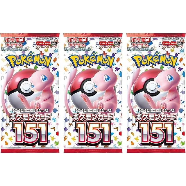 Pokemon TCG: Japanese 151 (SV2A) Booster Pack - 3 Packs, 7 Cards Each - Collectible Trading Cards front-facing view of three sealed Japanese SV2A foil booster packs with visible Pokémon logo and Japanese text; colorful character artwork on each wrapper; product includes three sealed packs with seven randomized cards per pack, suitable for binder display or trading among collectors.