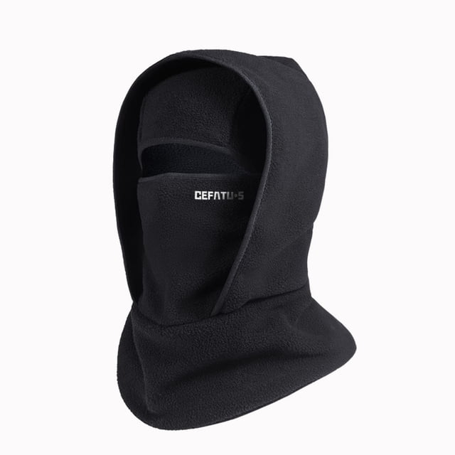 Hearth & Gear Riding Ski Neck Warmer with windproof and thermal features, shown in black. Made from high-density polyester fabric, it offers full coverage for the face, neck, and head, providing excellent thermal insulation and protection against cold winds. The design includes a breathable inner layer to minimize fogging on glasses or goggles, and an elastic fit for secure wear during outdoor activities like skiing and cycling. Suitable for cold weather use.
