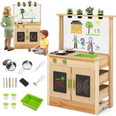 OLAKIDS Mud Kitchen, Outdoor Play Kitchen with Acrylic Drawing Board Blackboard 4 Cups Removable Sink Cooking Accessories Wooden Kids Kitchen Playset Backyard Garden Toys Gift for Boys Girls Ages 3+