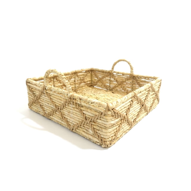 Hometrends Woven Paper & Maize Serving Tray, square and handwoven from natural maize and paper in beige, featuring two loop handles and a diamond weave pattern on the sides, measuring 13 in. by 13 in., ideal for serving, organizing, or displaying decorative items.