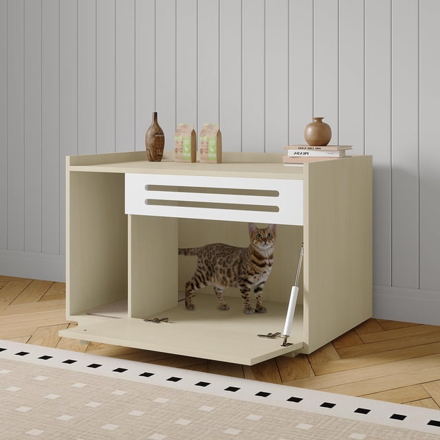 Yiwa Grand Meuble Cache-Litière pour Chat, Armoire Minimaliste Fermée avec Tablettes pour Rangement et Couvercle à Entrée Discrète Dissimulée dans un Coin
