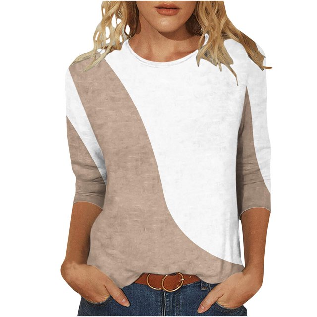 Hauts à Manches 3/4 pour Femmes Mode Imprimée T-Shirt Ample Mi-Longueur Blouse à Manches 3/4 Col Rond Hauts Décontractés T-Shirts en Coton T-Shirts pour Femmes Mode