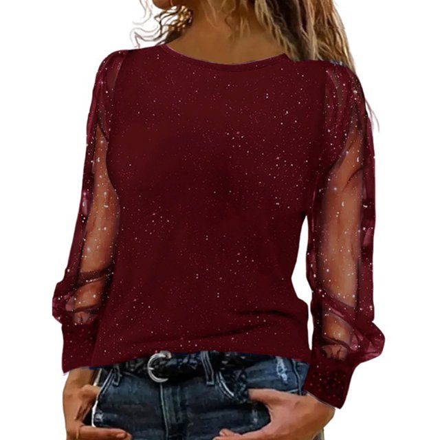 Pxiakgy Vente Chaude!! T-Shirt à Manches Longues en Maille Pailletée Col Rond Décontracté pour Femmes, Rouge 5TG