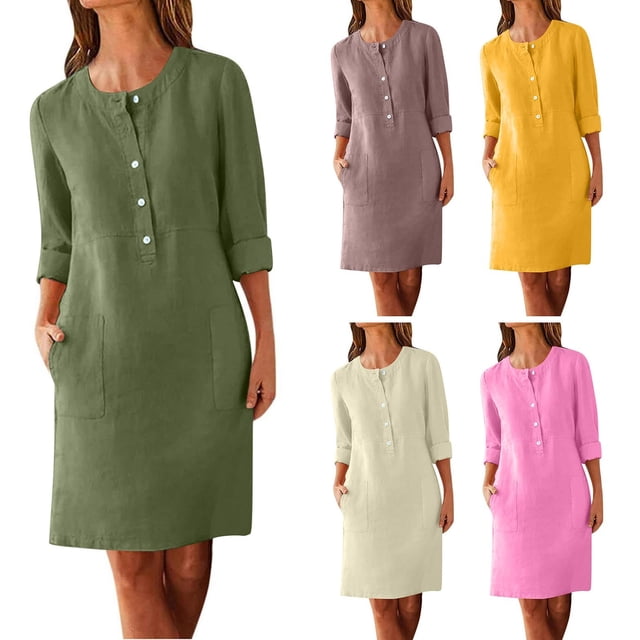 Meichang Robes Longueur Genou pour Femmes Décontractées à Manches Longues Demi-Boutonnage Col Ras du Cou Robe d'Automne Unie Légère Vacances Plage Robes avec Poches