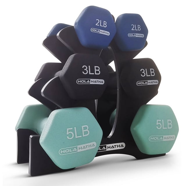 HolaHatha 2, 3, & 5 Pound Neoprene Dumbbell Free Weight Set with Rack in pastel colors. Includes six hexagonal dumbbells with non-slip neoprene coating in light blue, black, and dark blue, ideal for strength training, yoga, and home gym setups, organized on a compact black storage rack.