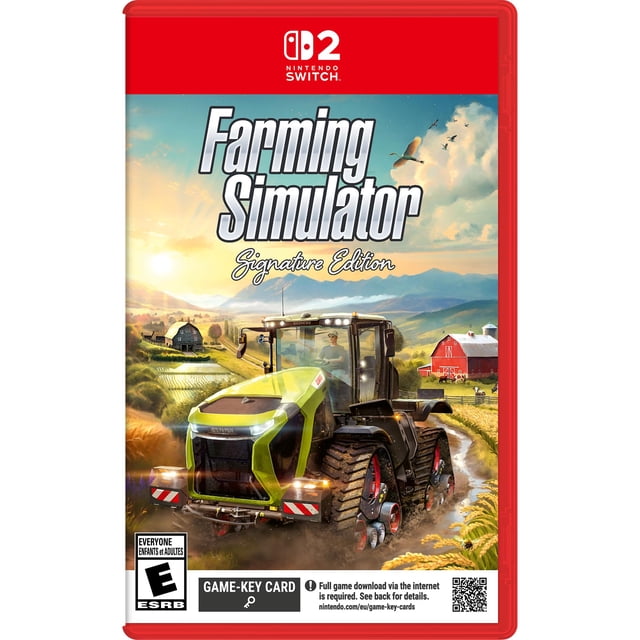 Farming Simulator Signature Edition Nintendo Switch 2 game cover showing a green and black tracked tractor in a golden wheat field with a red barn and farm buildings in the background under a partly cloudy sunset sky, representing agricultural simulation gameplay.