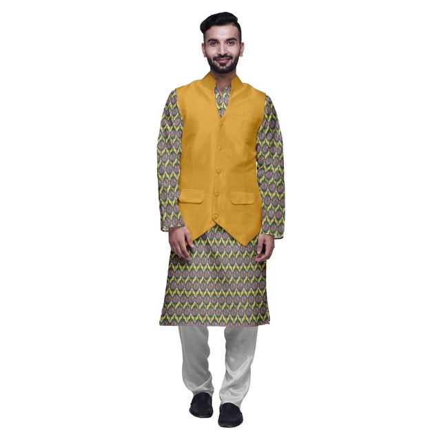 Atasi Traditional Printed Kurta Churidar Pajama Set With Nehru Jacket For Men