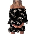 thumbnail image 1 of Robes d'Été pour Femmes à Épaules Dénudées, Manches Évasées, Robe Courte Unie Imprimée, Robes Décontractées de Plage et de Soleil pour Dames, 1 of 5