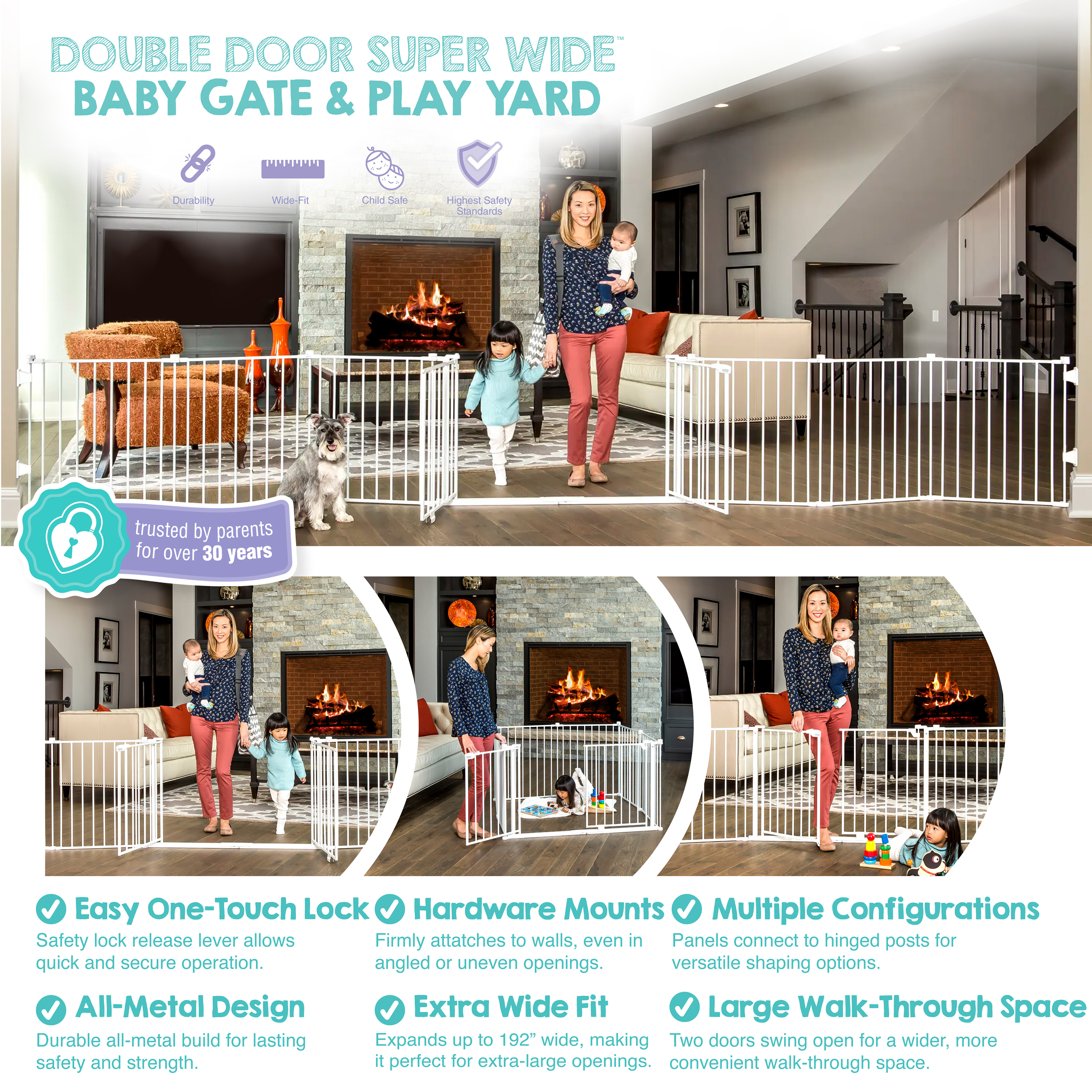 Regalo 192-Inch Double Door Super Wide Gate and Adjustable 8-Panel Play Yard, White