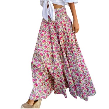 Cameland Jupes Maxi Bohèmes pour Femmes Taille Haute Élastique à Volants à Fleurs Jupe Longue Évasée Jupe de Plage pour les Vacances