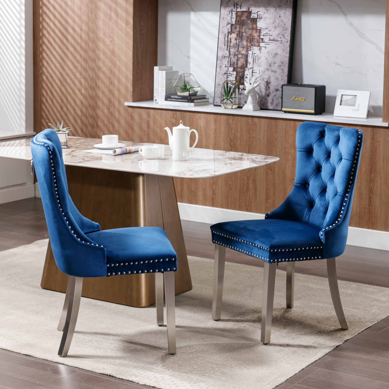 Noble House Velvet Upholstered Dining Chair Set of 2,Tufted with Siller Plated Legs & Nailhead Trim,Blue + Chrome