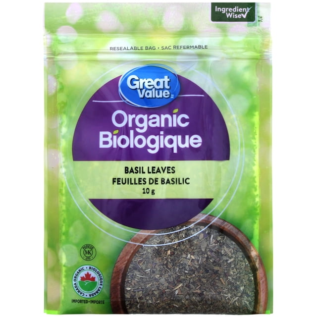 Great Value Feuilles de Basilic Biologiques dans un Sac Refermable de 10 g avec Emballage Vert et Violet, Montrant les Feuilles de Basilic Séchées à Travers une Fenêtre Transparente, Certifié Biologique par Canada Biologique et Casher, Convient pour Rehausser la Saveur des Pâtes, Salades et Soupes.