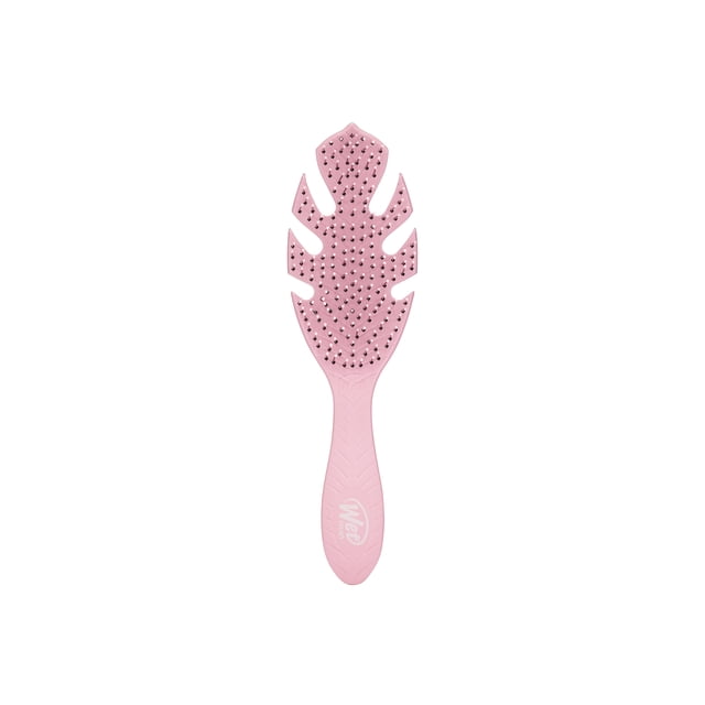 WetBrush Go Green Detangler palm-sized detangling brush with contoured handle and matte 100% plant-based plastic body, ultra-soft IntelliFlex® bristles in staggered rows that glide through tangles on wet or dry hair, minimizes pain and breakage. Often used to detangle wigs or hairpieces for travel.