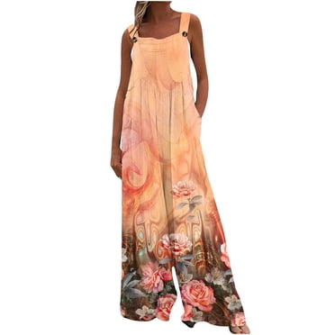 RKSTN Combinaisons pour Femmes Décontractées Boutons Sans Manches Pantalon à Jambe Grand Bohème Imprimé Floral Plissé Combinaisons Décontractées