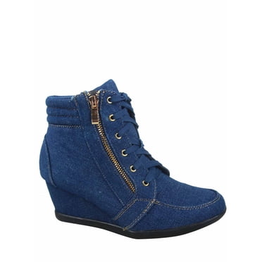 Peggy-56 Women's High Top Fashion Round Toe Lace Up Wedge Sneaker Shoes ( Denim Blue, 8.5 )