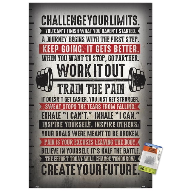 Challenge Your Limits Wall Poster, 14.725" x 22.375", motivational fitness wall art with bold black and red text on a distressed gray background, featuring a barbell graphic and inspiring quotes to encourage strength, perseverance, and goal setting in home or gym décor.