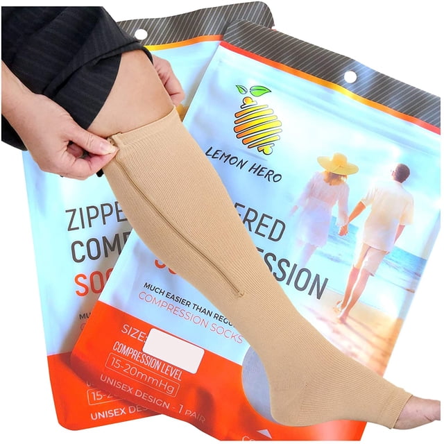 Short/Petite Zippered Compression Socks with Open Toe - Best Leg Support Stockings (L(Short) - Calf 10-13in, Beige)