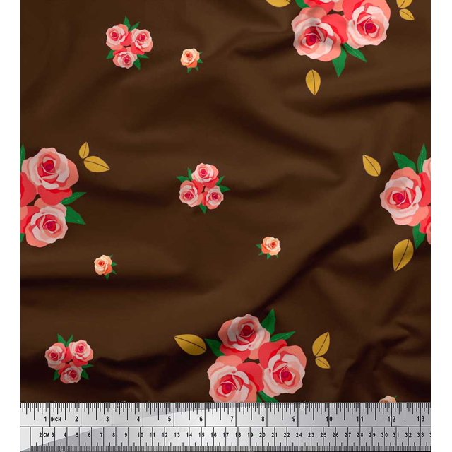 Soimoi Tissu Poly Georgette Imprimé Feuilles & Roses Tissu de Couture au Mètre 52 Pouces de Large