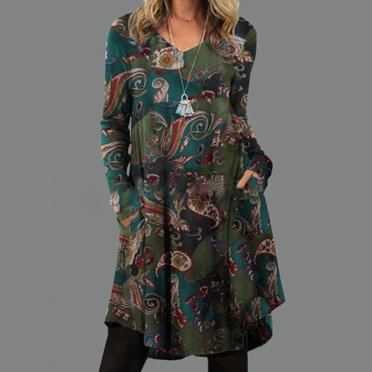 Babysbule Liquidation Robes pour Femmes Dames Automne Doux Col Rond Manches Longues Formel Fleur Irrégulier Teinture sur Nœuds Blocs de Couleur Impression Robe Maxi