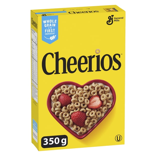 Original Cheerios Breakfast Cereal box with a yellow background and large black Cheerios logo. The front shows a heart-shaped bowl filled with toasted whole grain oat cereal rings and strawberries. The box highlights whole grain as the first ingredient, is kosher, and weighs 350 grams. This cereal is suitable for breakfast, snacks, or adding to trail mix.