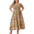 thumbnail image 2 of GRACE & GRANDEUR Robe Maxi Bohème à Fleurs pour Femme Grande Taille, Manches Courtes, Encolure Carrée, Smockée, 2X Jaune, 2 of 6