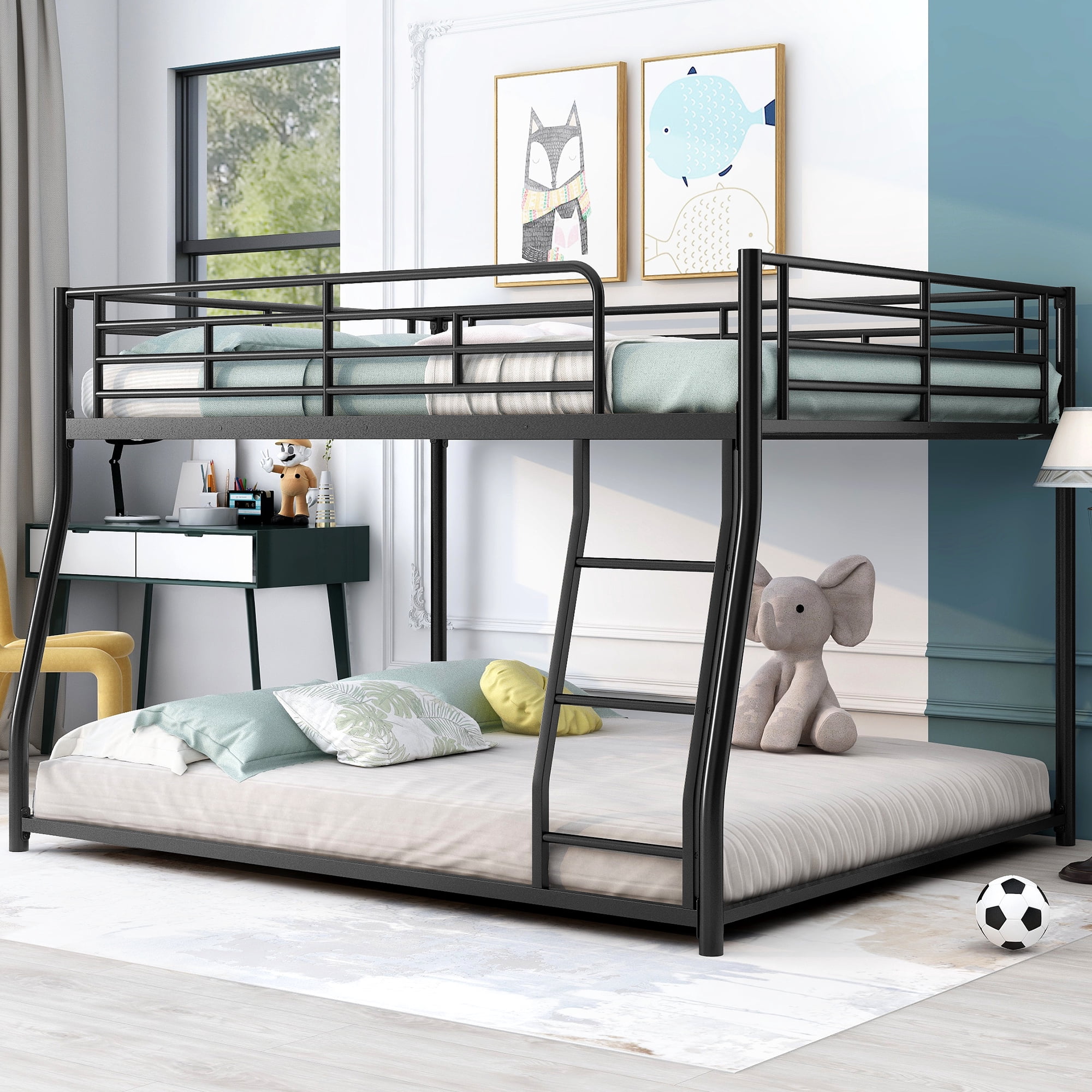 Noble House Full XL Over Queen Metal Bunk Bed,Black Industrial Frame with Guardrails & Slats,Black