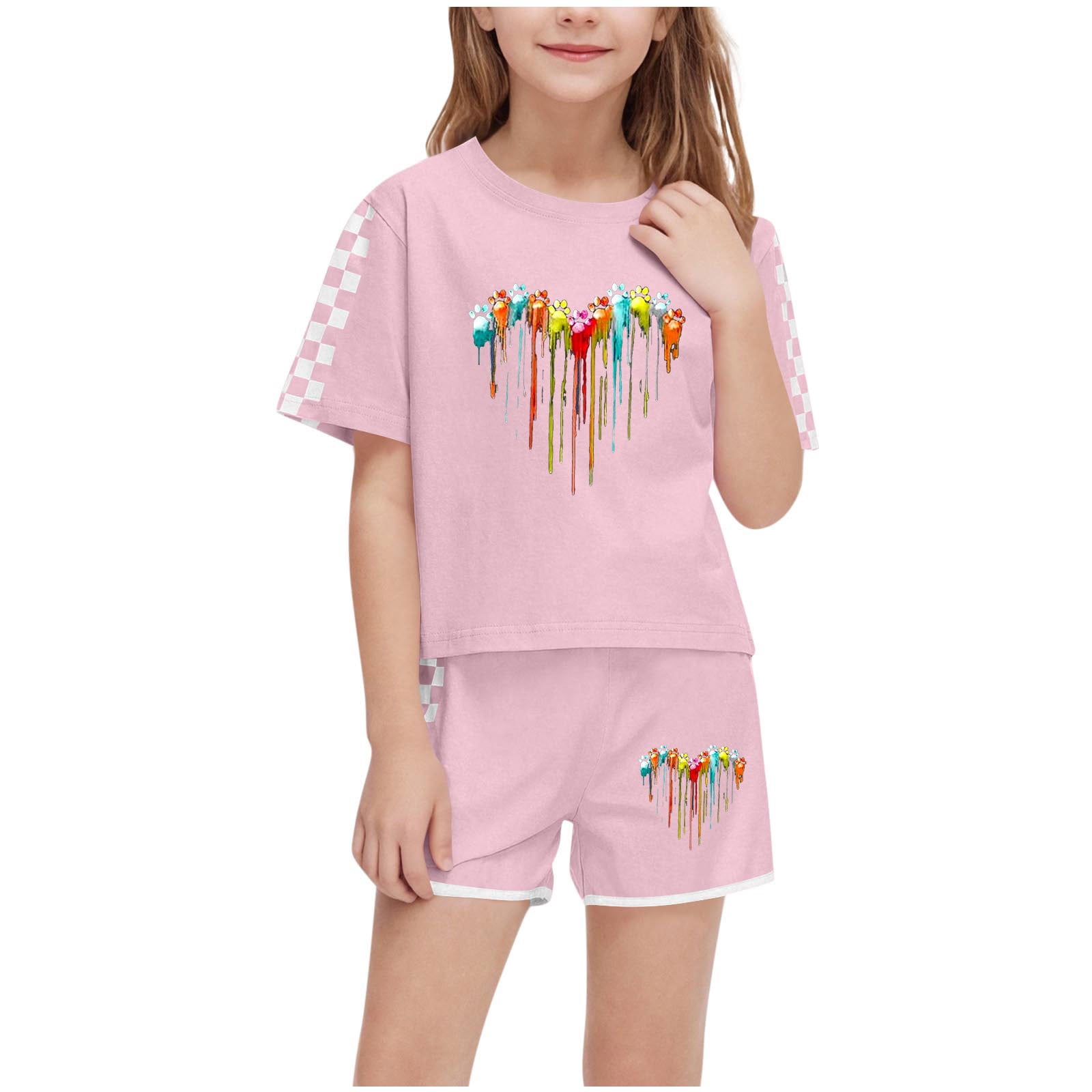 Économies d'Été! HVOBTTY Ensemble Décontracté 2 Pcs à Manches Courtes pour Filles, Ensemble de Mode Décontracté à Manches Courtes pour Garçons et Filles avec Col Rond, Boutons et Short Imprimé Rose, 10 Ans
