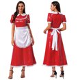 thumbnail image 3 of Kaerm Costume de Servante Française pour Femmes avec Tablier, Col à Revers en Satin, Bordure en Dentelle, Manches Courtes, Style Mouillé, Robe Maxi Rouge TG, 3 of 7