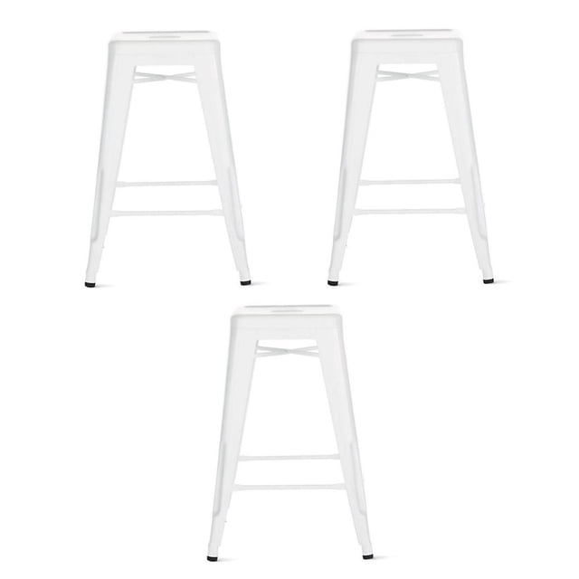 Heavenly Collection Metal Counter Stool set of 3, backless white metal stools with square seats and tapered legs featuring crossbar supports, stackable and weather resistant for versatile indoor and outdoor counter seating in residential or commercial settings.