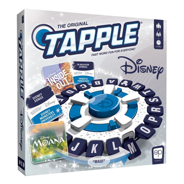 USAopoly The Original TAPPLE Disney Edition board game with a circular tapping device and letter tiles, featuring Disney categories like Moana and Inside Out, designed as a fast-paced classic party game ideal for family word challenges.
